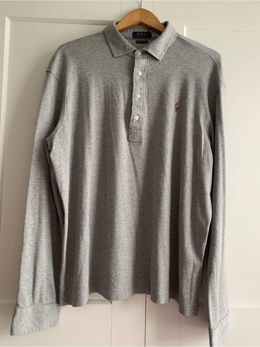 Polo Ralph Lauren 100% pima cotton soft Long-Sleeve Light Grey men's polo shirt